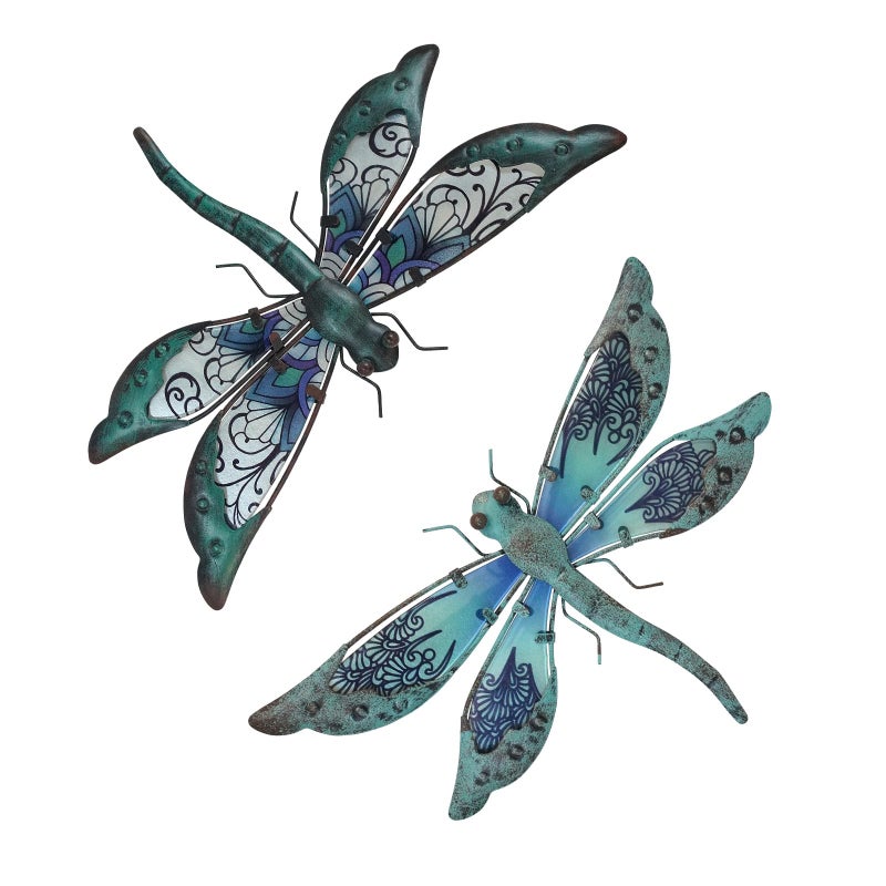 LIFFY Glass Metal Dragonfly Wall Decor a Pair - Outdoor Dragonfly Wall Art - Hanging Metal Dragonfly Decor for Garden and Home Decor - Dragonfly Gifts for Women - Image 1
